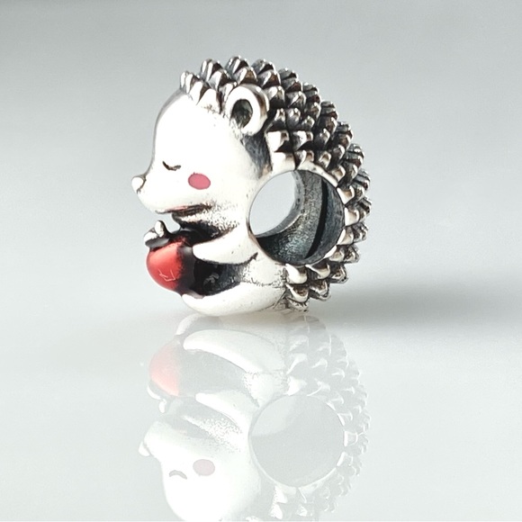 Sterling Silver Cute Hedgehog With Red Apple Charm - Picture 7 of 11
